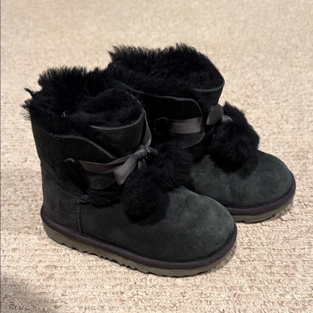UGG Black Fur Boots with Bow Accent Girls size 12